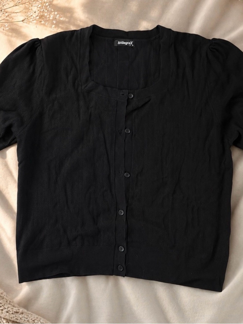 Allegra K Black Short-Sleeve Button-Down Square Neck Top
